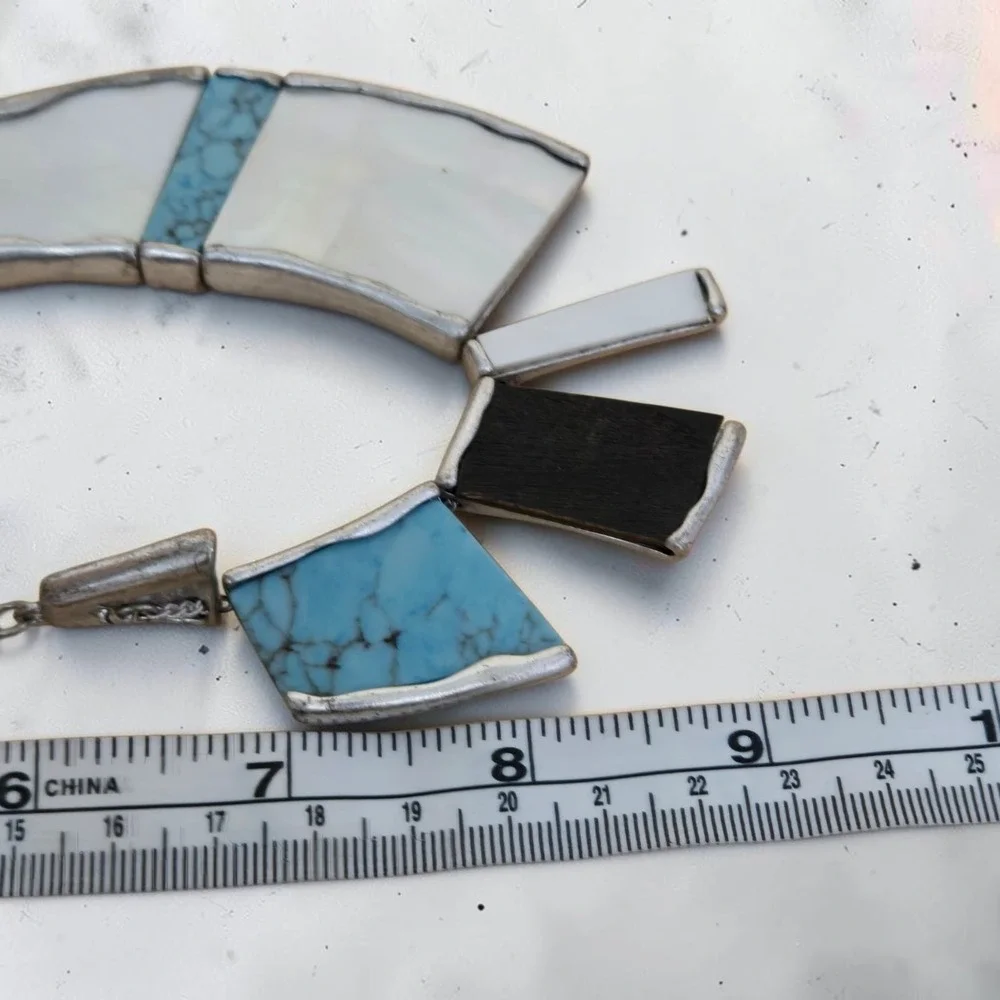 SOHO Robert Lee Morris Statement Necklace MOP Turquoise Black Cord Bib Vtg
